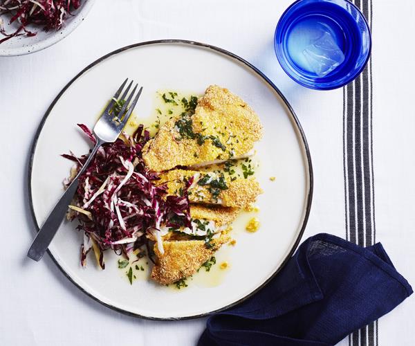 **[Polenta-crumbed chicken with herb butter](https://www.gourmettraveller.com.au/recipes/fast-recipes/polenta-crumbed-chicken-with-herb-butter-16342|target="_blank")**