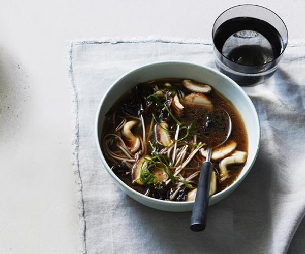Beef bone broth with mushrooms and buckwheat noodles