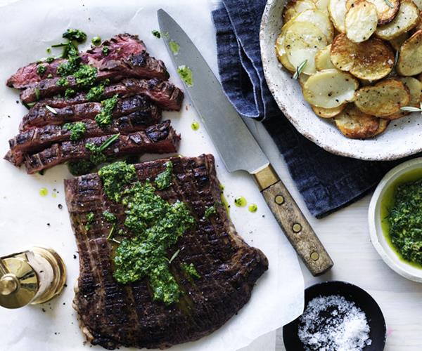 Char-grilled flank steak with crisp potatoes and salsa verde