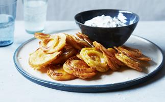Onion and potato fritters with raita