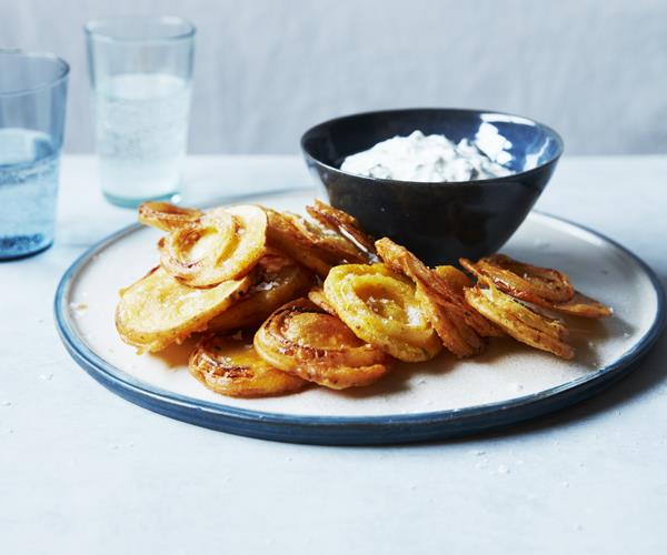 **[Onion and potato fritters with raita](https://www.gourmettraveller.com.au/recipes/fast-recipes/onion-and-potato-fritters-with-raita-16565|target="_blank")**