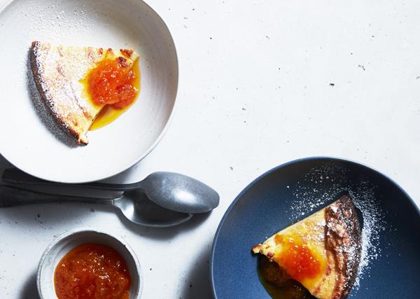 Baked ricotta pudding with mandarin, honey and chamomile compote