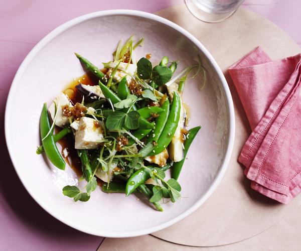 Eggplant, tofu and sugarsnap peas with ginger and soy dressing