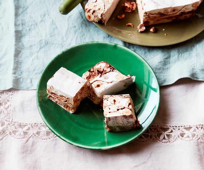 **[Hazelnut and chocolate swirl nougat](https://www.gourmettraveller.com.au/recipes/browse-all/hazelnut-and-chocolate-swirl-nougat-16728|target="_blank")**