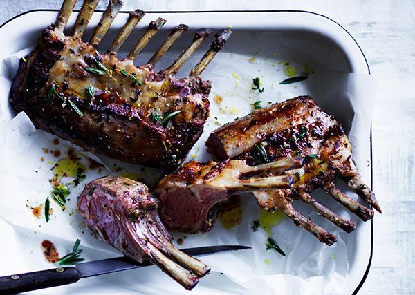 Slow-roasted lamb rack with white beans and black garlic aïoli