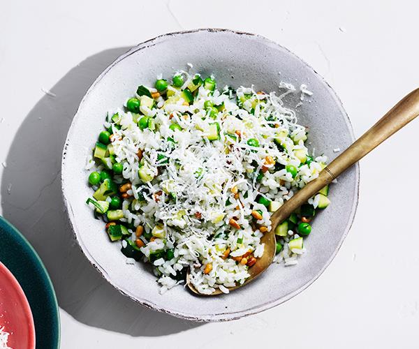 Rice salad with peas, mint, zucchini, lemon and pine nuts