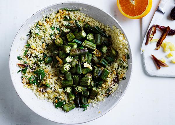 Couscous with roasted okra, dates and preserved lemon