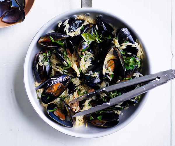Mussels, risoni and herbs