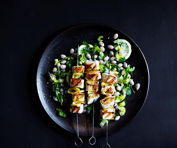 **[Kingfish skewers with borlotti bean and celery heart salad](https://www.gourmettraveller.com.au/recipes/fast-recipes/kingfish-skewers-17030|target="_blank")**