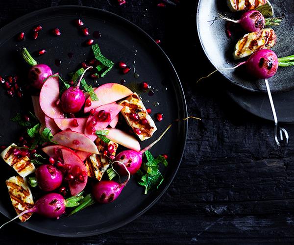**[Haloumi and radish skewers with apple and pomegranate](https://www.gourmettraveller.com.au/recipes/fast-recipes/haloumi-radish-skewers-17032|target="_blank")**