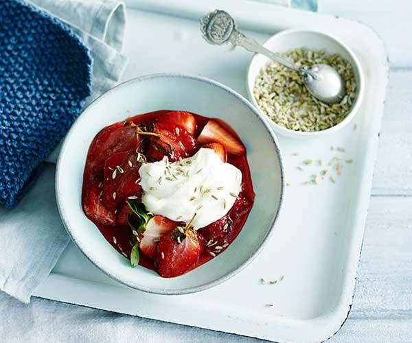 **[Roast strawberries with creme fraîche and candied fennel seeds](https://www.gourmettraveller.com.au/recipes/fast-recipes/roast-strawberries-with-creme-fraiche-and-candied-fennel-seeds-13648|target="_blank")**