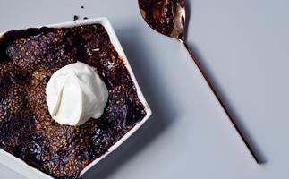 Chocolate self-saucing pudding with miso and sesame crunch