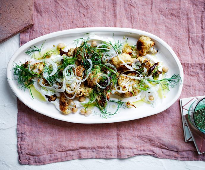 **[Roasted cauliflower salad with chickpeas and dates](https://www.gourmettraveller.com.au/recipes/browse-all/cauliflower-chickpea-date-salad-17183|target="_blank")**