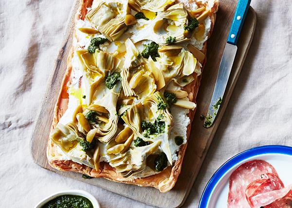 Artichoke and salted ricotta tart with salsa verde