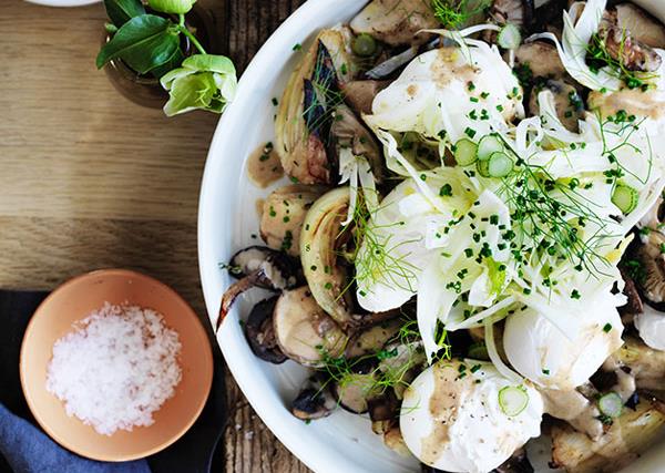 Grant Achatz's roast mushrooms with caramelised fennel, onions, eggs and dates