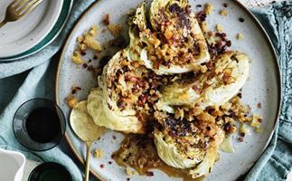 Cabbage with sake, brown butter crumbs and bacon