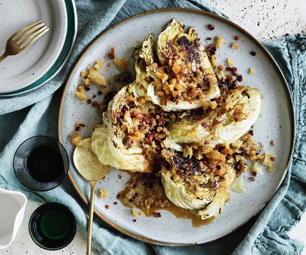 Cabbage with sake, brown butter crumbs and bacon