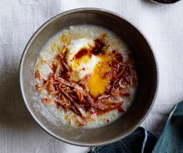 **[Egg and bacon congee](https://www.gourmettraveller.com.au/recipes/browse-all/egg-bacon-congee-17572|target="_blank")**