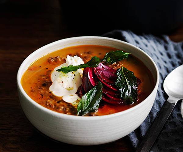 Persian red lentil soup with tahini, beetroot and fried mint