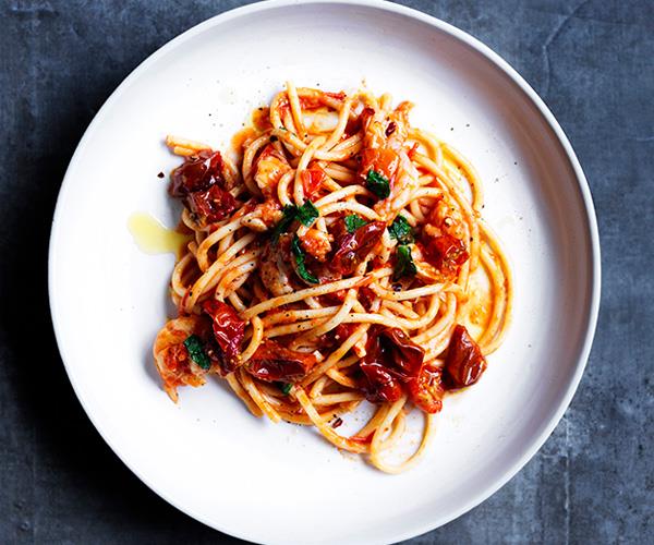 **[Bucatini with prawn fra diavolo](https://www.gourmettraveller.com.au/recipes/browse-all/bucatini-with-prawn-fra-diavolo-12881 |target="_blank")**