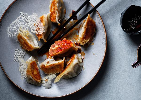Pot-stickers with chicken, shiitake and chilli sauce