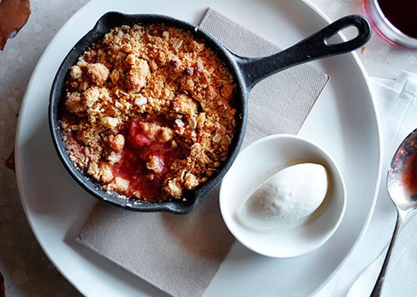 Rhubarb, strawberry and pink peppercorn crumble with chamomile ice-cream