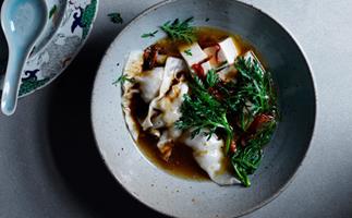 Duck wonton, tofu and chrysanthemum soup