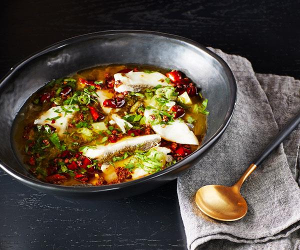 **[Victor Liong's Sichuan sour and spicy poached fish with pickled mustard greens](https://www.gourmettraveller.com.au/recipes/chefs-recipes/sichuan-poached-fish-17815|target="_blank")**