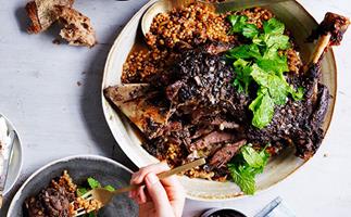 Eight-hour lamb shoulder with pearl couscous and labne