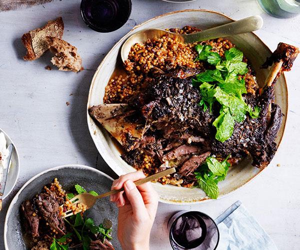 Eight-hour lamb shoulder with pearl couscous and labne