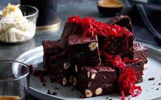 Beetroot brownies with ginger crème fraîche