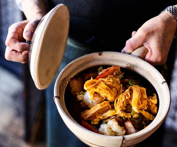 **[Lau's Family Kitchen's prawns and char siu with vermicelli in a claypot](https://www.gourmettraveller.com.au/recipes/chefs-recipes/prawns-and-char-siu-claypot-17837|target="_blank")**