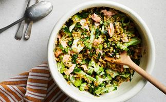 Farro, broccoli and smoked trout salad