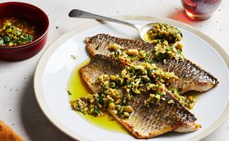Roasted mullet with olive salsa