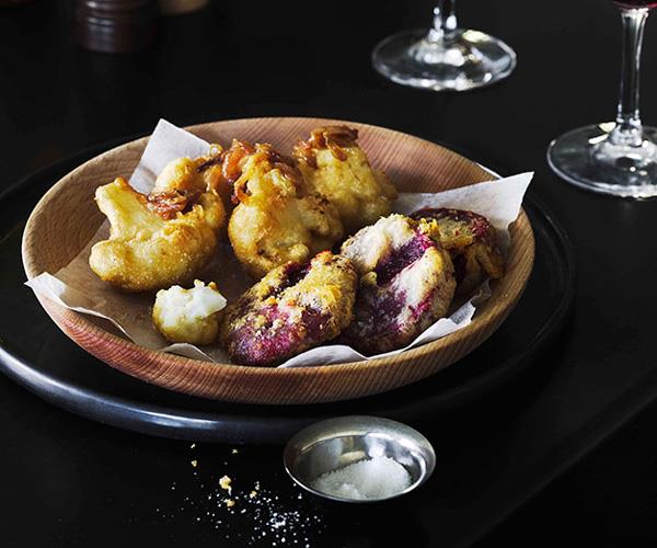 Battered beetroot and cauliflower