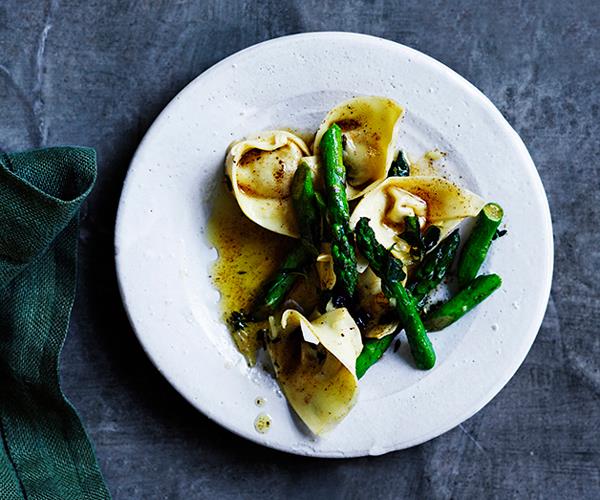 **[Prosciutto and parmesan cappellacci with brown butter and asparagus](https://www.gourmettraveller.com.au/recipes/browse-all/prosciutto-and-parmesan-cappellacci-with-brown-butter-and-asparagus-12898|target="_blank")**