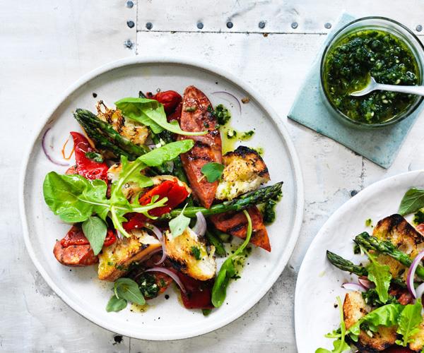 **[Chorizo and asparagus salad with chimichurri](https://www.gourmettraveller.com.au/recipes/fast-recipes/chorizo-and-asparagus-salad-with-chimichurri-13774|target="_blank")**