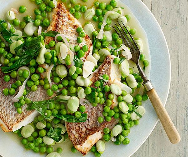 **[Pink snapper with braised peas and broad beans](https://www.gourmettraveller.com.au/recipes/fast-recipes/pink-snapper-with-braised-peas-and-broad-beans-13400|target="_blank")**