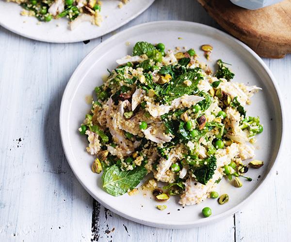 Poached chicken and millet salad with peas and mint