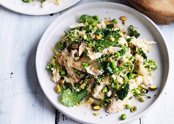 Poached chicken and millet salad with peas and mint