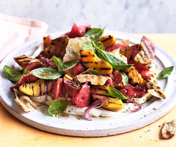 **[Grilled peach, tomato and labne with crisp flatbread](https://www.gourmettraveller.com.au/recipes/fast-recipes/grilled-peach-tomato-and-labne-with-crisp-flatbread-15540|target="_blank")**