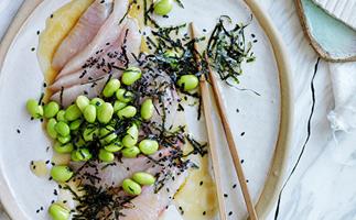 Sashimi of mulloway with a sesame-citrus dressing, edamame and seaweed