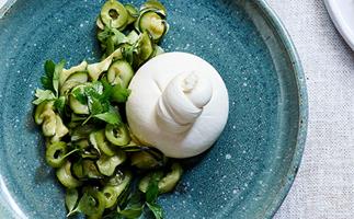 Burrata, preserved zucchini, green olives and lovage by Dave Verheul
