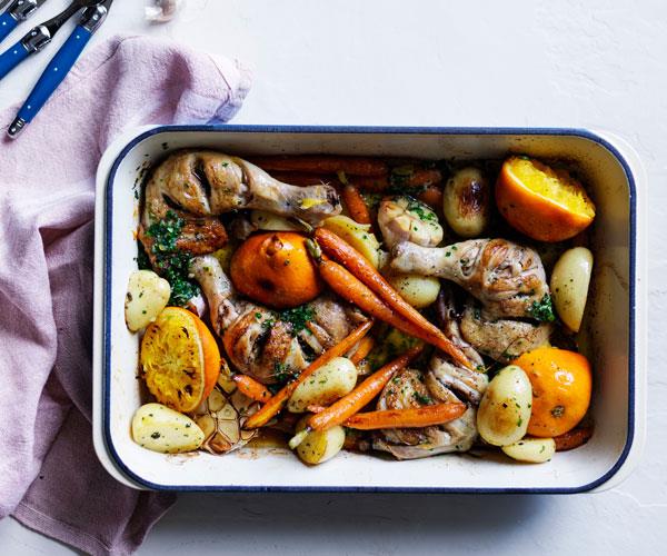**[Chicken, carrot and orange tray bake with chive butter](https://www.gourmettraveller.com.au/recipes/fast-recipes/chicken-carrot-bake-17903|target="_blank")**