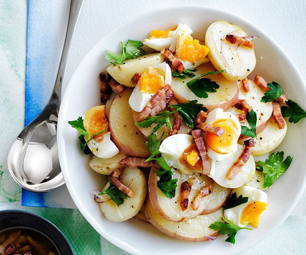 **[Potato salad with bacon and egg vinaigrette](https://www.gourmettraveller.com.au/recipes/browse-all/potato-salad-with-bacon-and-egg-vinaigrette-11862|target="_blank"|rel="nofollow")**
