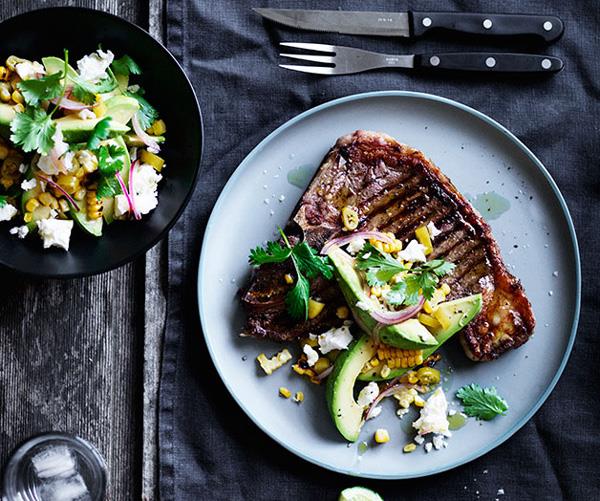 [**T-bones with pickled chilli, corn and avocado**](https://www.gourmettraveller.com.au/recipes/browse-all/t-bones-with-pickled-chilli-corn-and-avocado-12430|target="_blank")
