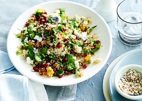 Quinoa salad with pomegranate, pumpkin and ashed goat’s cheese