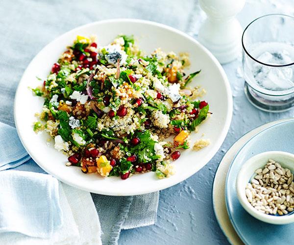 Quinoa salad with pomegranate, pumpkin and ashed goat’s cheese