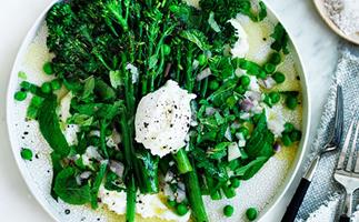 Grilled broccolini with peas, goat’s curd and mint