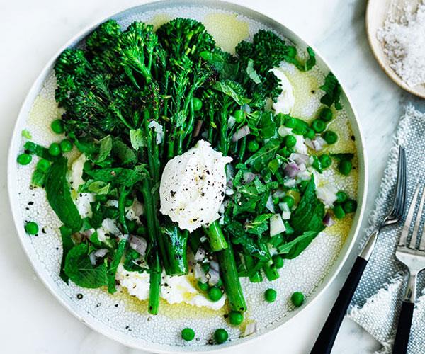 Grilled broccolini with peas, goat’s curd and mint